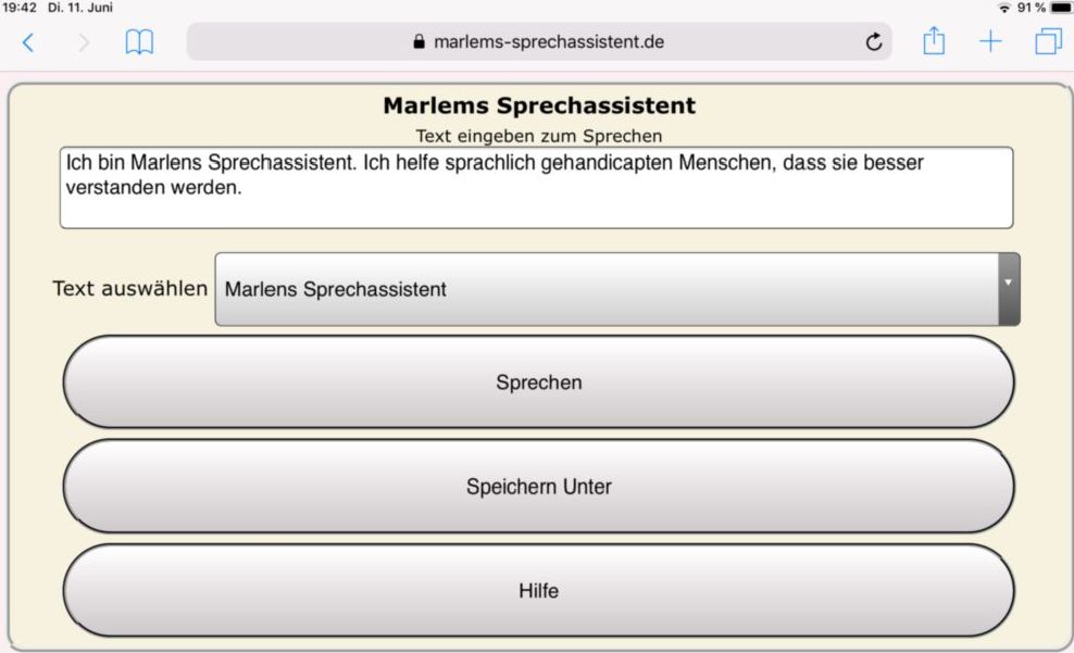 Marlems Sprechassistent auf einem Ipad mit gr&oumlen Schaltern